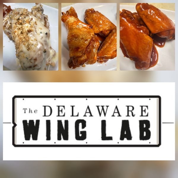 Three plates of chicken wings with different sauces, including a creamy white sauce and two red sauces.