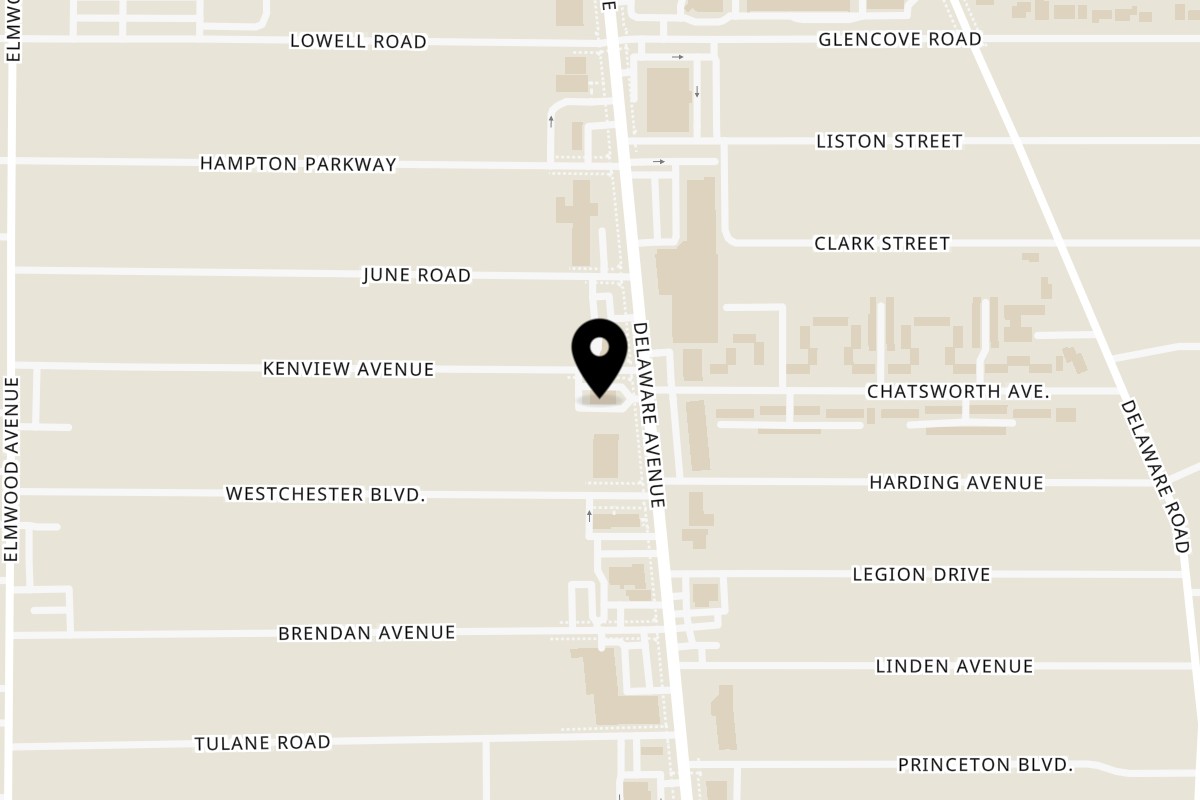 Map showing the location of The Delaware Pub & Grill on 3410 Delaware Ave in Kenmore